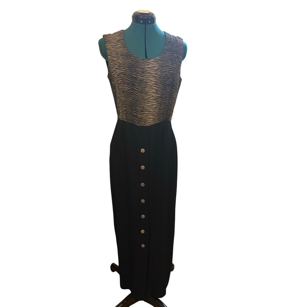 Julian Taylor New York Dress Size 8 Animal Print Top Black Button Front Maxi VTG
